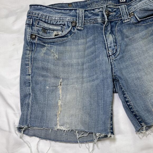 Miss Me Shorts Size 30 Blue Boot Cutoff Distressed Embellished Fleur-De-Lis Logo - Picture 2 of 11